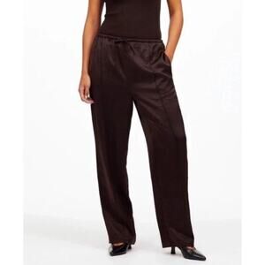 Madewell Pintuck Pull On Satin Pants Drawstring Dark Carob Brown SZ XXL EUC